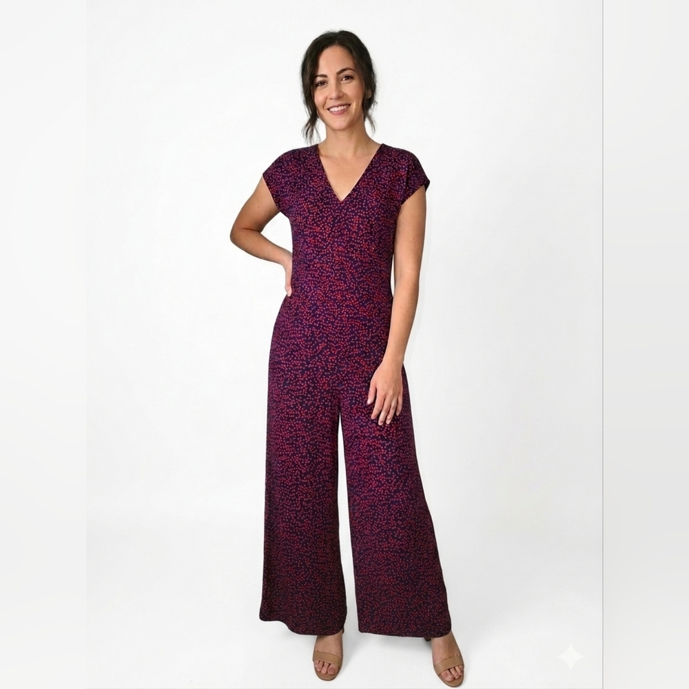 Amazon Essentials Blue  V-Neck Wide-Leg Jumpsuit with Red Dot Pattern